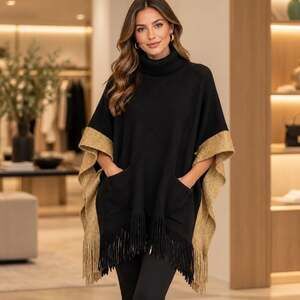 Summer & Rose Black Shimmer Poncho Sweater Fringe Hem Pockets Cozy Chic